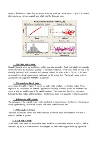 variance. Furthermore, there does not appear to be any trends as I would expect. Figure 9 is a 4-in-1
chart, displaying various residual tests which shall be discussed next.
1.00.50.0-0.5
99.9
99
90
50
10
1
0.1
Residual
Percent
0.20.0-0.2-0.4-0.6
1.0
0.5
0.0
-0.5
Fitted Value
Residual
0.80.60.40.20.0-0.2-0.4
40
30
20
10
0
Residual
Frequency
150
140
130
120
110
1009080706050403020101
1.0
0.5
0.0
-0.5
Observation Order
Residual
QQ Plot/Normal Probability Plot of Residuals Residuals vs. Fitted Values
Histogram of Residuals Residuals vs. Order
Residual Plots for Detrended ARIMA(1,1,3)
Figure 9
11.2 QQ Plot of Residuals:
Quantile-Quantile plots are an effective tool for assessing normality. Such plots display the quantiles
of the data versus the theoretical quantiles of a normal distribution. White noise terms are said to be
normally distributed with zero mean and constant variance i.e. white noise ~ N (0, σ²). If the points
are normal they should appear evenly distributed on the straight line. That largely seems to be the
case here for my suggested ARIMA(1, 1, 3) model.
11.3 Residuals vs. Fitted Values:
Above in the top right of Figure 9, we can see a plot of the residuals vs. the fitted values. Upon
inspection we can see that the residuals appear to be randomly scattered around the horizontal line,
which is what we would expect if the model is suitable. This means that there is no correlation
between the fitted values and the residuals. Furthermore, there is no evidence of heteroscedasticity.
11.4 Histogram of Residuals:
The histogram of the residuals is an evenly distributed bell-shaped curve. Furthermore the histogram
decays symmetrically at each tail, coupled with mean centred around zero.
11.5 Residuals vs. Order:
Residuals accumulate around zero which indicates a constant mean. In conjunction with this, a
common variance is present.
11.6 ACF of Residuals:
As the white noise terms are independent there should be no correlation between εt and εt-k. This is
confirmed by the ACF of the residuals. From Figure 10, there do not appear to be any significant
 