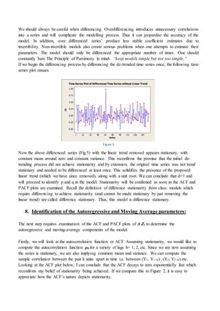 We should always be careful when differencing. Overdifferencing introduces unnecessary correlations
into a series and will complicate the modelling process. Thus it can jeopardise the accuracy of the
model. In addition, over differenced series’ produce less stable coefficient estimates due to
invertibility. Non-invertible models also create serious problems when one attempts to estimate their
parameters. The model should only be differenced the appropriate number of times. One should
constantly bare The Principle of Parsimony in mind- “keep models simple but not too simple.”
If we begin the differencing process by differencing the de-trended time series once, the following time
series plot ensues.
Figure 5
Now the above differenced series (Fig.5) with the linear trend removed appears stationary, with
constant mean around zero and constant variance. This reconfirms the premise that the initial de-
trending process did not achieve stationarity and by extension, the original time series was not trend
stationary and needed to be differenced at least once. This solidifies the presence of the proposed
linear trend (which we have since removed), along with a unit root. We can conclude that d=1 and
will proceed to identify p and q in the model. Stationarity will be confirmed as soon as the ACF and
PACF plots are examined. Recall the definition of difference stationarity from class: models which
require differencing to achieve stationarity (and cannot be made stationary by just removing the
linear trend) are called difference stationary. Thus, this model is difference stationary.
8. Identification of the Autoregressive and Moving Average parameters:
The next step requires examination of the ACF and PACF plots of Δ Zt to determine the
autoregressive and moving-average components of the model.
Firstly, we will look at the autocorrelation function or ACF. Assuming stationarity, we would like to
compute the autocorrelation function ρh for a variety of lags h= 1, 2, etc. Since we are now assuming
the series is stationary, we are also implying common mean and variance. We can compute the
sample correlation between the pair k units apart in time i.e. between (Y1, Y1+k) , (Y2, Y2+k) etc.
Looking at the ACF plot below, I can conclude that the ACF decays to zero exponentially fast which
reconfirms my belief of stationarity being achieved. If we compare this to Figure 2, it is easy to
appreciate how the ACF’s nature depicts stationarity.
1441281129680644832161
1.00
0.75
0.50
0.25
0.00
-0.25
-0.50
Index
C5
Time Series Plot of Differenced Time Series without Linear Trend
 