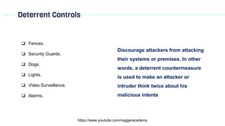 Deterrent Controls
https://www.youtube.com/naggaracademy
Discourage attackers from attacking
their systems or premises. In other
words, a deterrent countermeasure
is used to make an attacker or
intruder think twice about his
malicious intents
 Fences.
 Security Guards.
 Dogs.
 Lights.
 Video Surveillance.
 Alarms.
 