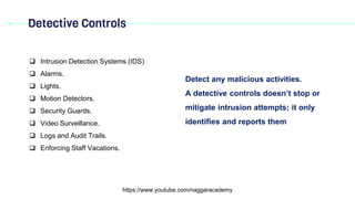 Detective Controls
https://www.youtube.com/naggaracademy
Detect any malicious activities.
A detective controls doesn’t stop or
mitigate intrusion attempts; it only
identifies and reports them
 Intrusion Detection Systems (IDS)
 Alarms.
 Lights.
 Motion Detectors.
 Security Guards.
 Video Surveillance.
 Logs and Audit Trails.
 Enforcing Staff Vacations.
 