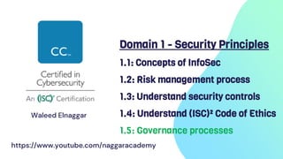 Domain 1 - Security Principles
1.1: Concepts of InfoSec
1.2: Risk management process
1.3: Understand security controls
1.4: Understand (ISC)² Code of Ethics
1.5: Governance processes
Waleed Elnaggar
https://www.youtube.com/naggaracademy
 
