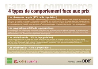 4 types de comportement face aux prix
•Les chasseurs de prix (45% de la population) :
Ils lisent souvent les prospectus et comparent régulièrement les prix. Ils sont plus réactifs aux soldes que la moyenne. Ils perçoivent des
différences de prix selon les enseignes et considèrent que les MDD sont attractives en termes de prix par rapport aux grandes marques.
Par ailleurs, ils estiment que les prix ont tendance à augmenter. Ils fréquentent plus les discounters. Ces consommateurs se retrouvent
dans toutes les tranches d ages et toutes les catégories socio professionnelles. En revanche, les femmes y sont surreprésentées…

•Les pragmatiques (33% de la population) :
Ils sont beaucoup plus modérés dans la recherche active de prix bas, les comparaisons, la réactivité aux soldes. Ils ne perçoivent pas
une grande différence de prix entre les enseignes. Ainsi, ils concentrent leurs recherches sur des produits à forte valeur comme dans
l électrodomestique. Les hommes sont surreprésentés dans ce groupe.

•Les désintéressés (11% de la population) :
Ces personnes ne sont pas du tout actives dans la recherche de prix bas. Elles ne comparent jamais les prix et ne lisent pas les
prospectus. Elles pensent que les prix sont partout les mêmes et qu il n est donc pas utile de consacrer du temps à comparer. De plus
elles sont moins nombreuses que la moyenne à penser que les prix augmentent. Parmi ces consommateurs on trouve une
surreprésentation de jeunes, de femmes et de parisiens.

•Les désabusés (11% de la population) :
Certains de se faire abuser par la distribution traditionnelle, ces consommateurs sous fréquentent les réseaux de distribution au proﬁt des
sites marchands sur Internet. Ils sont convaincus que les prix augmentent dans tous les secteurs, que tous les magasins pratiquent les
mêmes prix à sauf sur Internet qui offre des produits à un tarif extrêmement avantageux. Ils sont beaucoup plus jeunes que la moyenne.
 