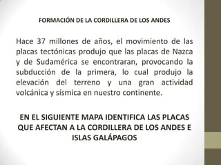 FORMACIÓN DE LA CORDILLERA DE LOS ANDES
Hace 37 millones de años, el movimiento de las
placas tectónicas produjo que las placas de Nazca
y de Sudamérica se encontraran, provocando la
subducción de la primera, lo cual produjo la
elevación del terreno y una gran actividad
volcánica y sísmica en nuestro continente.
EN EL SIGUIENTE MAPA IDENTIFICA LAS PLACAS
QUE AFECTAN A LA CORDILLERA DE LOS ANDES E
ISLAS GALÁPAGOS
 