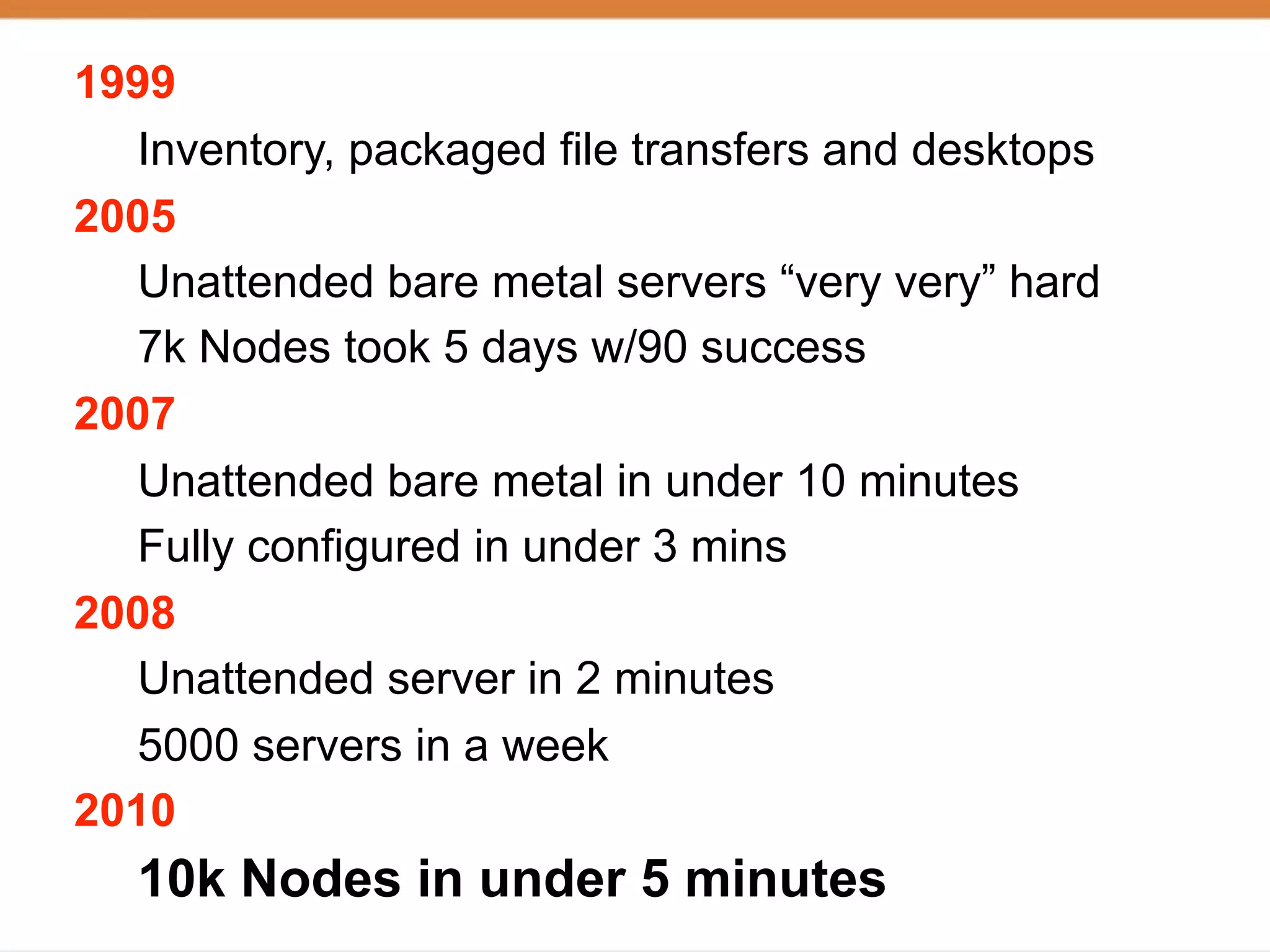 1999
  Inventory, packaged file transfers and desktops
2005
  Unattended bare metal servers “very very” hard
  7k Nodes took 5 days w/90 success
2007
  Unattended bare metal in under 10 minutes
  Fully configured in under 3 mins
2008
  Unattended server in 2 minutes
  5000 servers in a week
2010
   10k Nodes in under 5 minutes
 