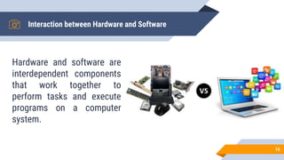 Interaction between Hardware and Software
Hardware and software are
interdependent components
that work together to
perform tasks and execute
programs on a computer
system.
16
 