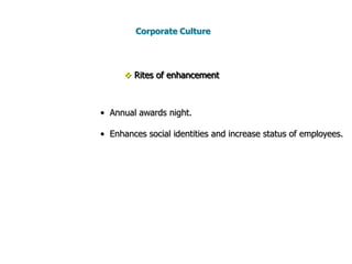  Rites and ceremonies  -  Elaborate planned events conducted for the benefit of an    audience.-  Used to reinforce specific values or create a bond among people.-  Four types of rites and ceremonies: Rites of passageCorporate Culture Rites of enhancement