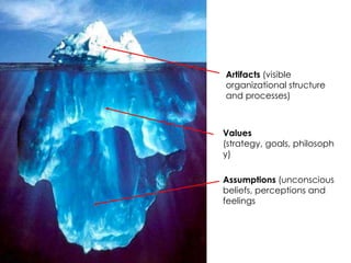 Artifacts (visible organizational structure and processes)Values (strategy, goals, philosophy)Assumptions (unconscious beliefs, perceptions and feelings