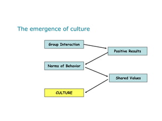 Group InteractionPositive ResultsNorms of BehaviorShared ValuesCULTUREThe emergence of culture