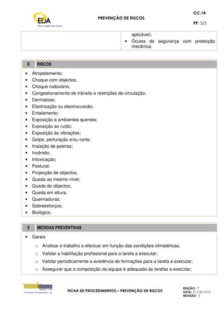 PREVENÇÃO DE RISCOS
CC.14
PP. 3/5
FICHA DE PROCEDIMENTOS – PREVENÇÃO DE RISCOS
EDIÇÃO: 1ª
DATA: 31 / 03 / 010
REVISÃO: 0
aplicável);
• Óculos de segurança com protecção
mecânica.
8 RISCOS
• Atropelamento;
• Choque com objectos;
• Choque rodoviário;
• Congestionamento de trânsito e restrições de circulação;
• Dermatose;
• Electrização ou electrocussão;
• Entalamento;
• Exposição a ambientes quentes;
• Exposição ao ruído;
• Exposição às vibrações;
• Golpe, perfuração e/ou corte;
• Inalação de poeiras;
• Incêndio;
• Intoxicação;
• Postural;
• Projecção de objectos;
• Queda ao mesmo nível;
• Queda de objectos;
• Queda em altura;
• Queimaduras;
• Sobreesforços;
• Biológico.
9 MEDIDAS PREVENTIVAS
• Gerais
o Analisar o trabalho a efectuar em função das condições climatéricas;
o Validar a habilitação profissional para a tarefa a executar;
o Validar periodicamente a existência de formações para a tarefa a executar;
o Assegurar que a composição da equipa é adequada às tarefas a executar;
 