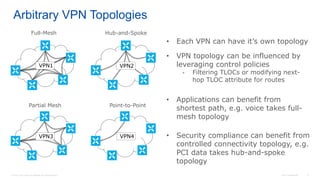 © 2016 Cisco and/or its affiliates. All rights reserved. Cisco Confidential 15
Arbitrary VPN Topologies
VPN1 VPN2
VPN3 VPN4
• Each VPN can have it’s own topology
• VPN topology can be influenced by
leveraging control policies
- Filtering TLOCs or modifying next-
hop TLOC attribute for routes
• Applications can benefit from
shortest path, e.g. voice takes full-
mesh topology
• Security compliance can benefit from
controlled connectivity topology, e.g.
PCI data takes hub-and-spoke
topology
Full-Mesh Hub-and-Spoke
Partial Mesh Point-to-Point
 