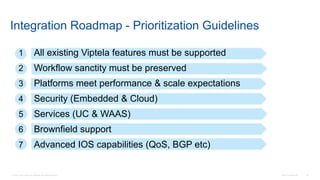 © 2016 Cisco and/or its affiliates. All rights reserved. Cisco Confidential 30
Integration Roadmap - Prioritization Guidelines
1 All existing Viptela features must be supported
2 Workflow sanctity must be preserved
3 Platforms meet performance & scale expectations
4 Security (Embedded & Cloud)
5 Services (UC & WAAS)
6 Brownfield support
7 Advanced IOS capabilities (QoS, BGP etc)
 
