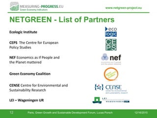 www.netgreen-project.eu
NETGREEN - List of Partners
Ecologic Institute
CEPS The Centre for European
Policy Studies
NEF Economics as if People and
the Planet mattered
Green Economy Coalition
CENSE Centre for Environmental and
Sustainability Research
LEI – Wageningen UR
12/16/201512 Paris, Green Growth and Sustainable Development Forum, Lucas Porsch
 
