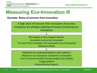 www.netgreen-project.eu
Measuring Eco-Innovation III
Example: Share of turnover from innovation
12/16/20159 Paris, Green Growth and Sustainable Development Forum, Lucas Porsch
A high share of turnover from innovation shows that
companies are willingly adapting innovation (including eco-
innovation)
No impact or less impact due to:
•Innovation versus Eco-innovation
•Turnover from innovation not necessarily use of innovation
•Rebound effects
Indicators to understand green tech patents:
•Patents in eco innovation compared to innovation
•Use of environmentally friendly products (Eco labels)
•Usage patterns
•Environmental impacts
 