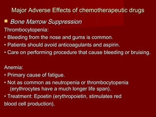 MMaajjoorr AAddvveerrssee EEffffeeccttss ooff cchheemmootthheerraappeeuuttiicc ddrruuggss 
 BBoonnee MMaarrrrooww SSuupppprreessssiioonn 
TThhrroommbbooccyyttooppeenniiaa:: 
•• BBlleeeeddiinngg ffrroomm tthhee nnoossee aanndd gguummss iiss ccoommmmoonn.. 
•• PPaattiieennttss sshhoouulldd aavvooiidd aannttiiccooaagguullaannttss aanndd aassppiirriinn.. 
•• CCaarree oonn ppeerrffoorrmmiinngg pprroocceedduurree tthhaatt ccaauussee bblleeeeddiinngg oorr bbrruuiissiinngg.. 
AAnneemmiiaa:: 
•• PPrriimmaarryy ccaauussee ooff ffaattiigguuee.. 
•• NNoott aass ccoommmmoonn aass nneeuuttrrooppeenniiaa oorr tthhrroommbbooccyyttooppeenniiaa 
((eerryytthhrrooccyytteess hhaavvee aa mmuucchh lloonnggeerr lliiffee ssppaann)).. 
•• TTrreeaattmmeenntt:: EEppooeettiinn ((eerryytthhrrooppooiieettiinn,, ssttiimmuullaatteess rreedd 
bblloooodd cceellll pprroodduuccttiioonn)).. 
 