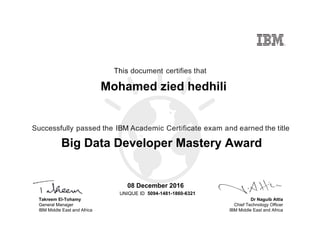 Dr Naguib Attia
Chief Technology Officer
IBM Middle East and Africa
This document certifies that
Successfully passed the IBM Academic Certificate exam and earned the title
UNIQUE ID
Takreem El-Tohamy
General Manager
IBM Middle East and Africa
Mohamed zied hedhili
08 December 2016
Big Data Developer Mastery Award
5094-1481-1860-6321
Digitally signed by
IBM Middle East
and Africa
University
Date: 2016.12.08
22:52:23 CET
Reason: Passed
test
Location: MEA
Portal Exams
Signat
 