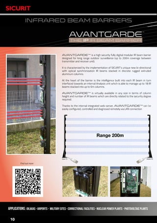www.sicurit.com
10
infrared BEAM BARRIERS
AVANTGARDE™ is a high security fully digital modular IR beam barrier
designed for long range outdoor surveillance (up to 200m coverage between
transmitter and receiver unit).
It is characterized by the implementation of SICURIT’s unique new bi-directional
with optical synchronization IR beams stacked in discrete rugged extruded
aluminum columns.
At the heart of the barrier is the intelligence built into each IR beam in turn
interfaced towards an internal Analysis unit which is able to manage up to 18 IR
beams stacked into up to 6m columns.
AVANTGARDE™ is virtually available in any size in terms of column
height and number of IR beams which are directly related to the security degree
required.
Thanks to the internal integrated web-server, AVANTGARDE™ can be
easily configured, controlled and diagnosed remotely via LAN connection
Find out more
Master RX
Range 200m
Slave TX
APPLICATIONS: Oil&gas - Airports - Military sites - Correctional facilities - Nuclear POWER plants - PHOTOVOLTAIC PLANTS
 