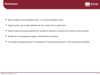 2/14Relações com Investidores | 1T17 |
 Balanço líquido com caixa equivalente a R$ 1,1 bi, ou 26% dos depósitos a prazo.
 Folga de capital, com um Índice de Basileia de 15,1%, sendo 14,7% no capital nível I.
 Índice de cobertura de aproximadamente 6%, resultado do importante incremento em provisões nos últimos períodos.
 Retração de 2,1% nas despesas de pessoal e administrativas no trimestre.
 Continuidade na gestão de passivos, com destaque para a diversificação das fontes e maior pulverização dos depósitos.
Destaques
 