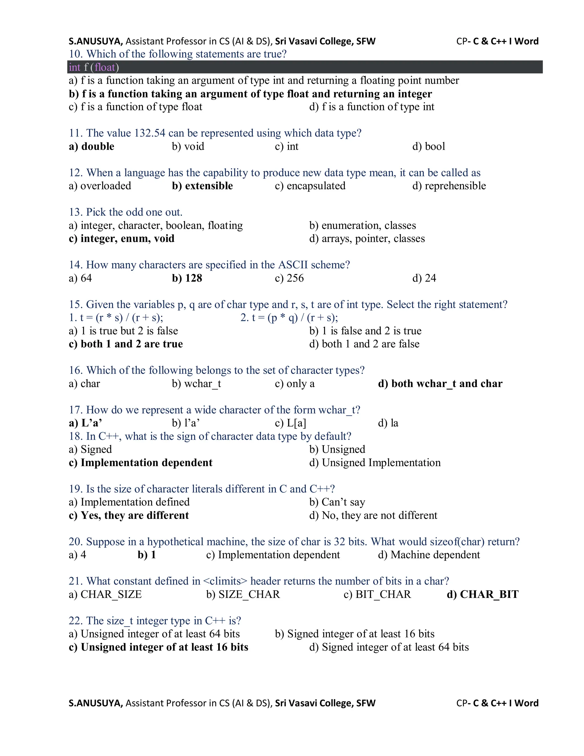 S.ANUSUYA, Assistant Professor in CS (AI & DS), Sri Vasavi College, SFW CP- C & C++ I Word
S.ANUSUYA, Assistant Professor in CS (AI & DS), Sri Vasavi College, SFW CP- C & C++ I Word
10. Which of the following statements are true?
int f (float)
a) f is a function taking an argument of type int and returning a floating point number
b) f is a function taking an argument of type float and returning an integer
c) f is a function of type float d) f is a function of type int
11. The value 132.54 can be represented using which data type?
a) double b) void c) int d) bool
12. When a language has the capability to produce new data type mean, it can be called as
a) overloaded b) extensible c) encapsulated d) reprehensible
13. Pick the odd one out.
a) integer, character, boolean, floating b) enumeration, classes
c) integer, enum, void d) arrays, pointer, classes
14. How many characters are specified in the ASCII scheme?
a) 64 b) 128 c) 256 d) 24
15. Given the variables p, q are of char type and r, s, t are of int type. Select the right statement?
1. t = (r * s) / (r + s); 2. t = (p * q) / (r + s);
a) 1 is true but 2 is false b) 1 is false and 2 is true
c) both 1 and 2 are true d) both 1 and 2 are false
16. Which of the following belongs to the set of character types?
a) char b) wchar_t c) only a d) both wchar_t and char
17. How do we represent a wide character of the form wchar_t?
a) L’a’ b) l’a’ c) L[a] d) la
18. In C++, what is the sign of character data type by default?
a) Signed b) Unsigned
c) Implementation dependent d) Unsigned Implementation
19. Is the size of character literals different in C and C++?
a) Implementation defined b) Can’t say
c) Yes, they are different d) No, they are not different
20. Suppose in a hypothetical machine, the size of char is 32 bits. What would sizeof(char) return?
a) 4 b) 1 c) Implementation dependent d) Machine dependent
21. What constant defined in <climits> header returns the number of bits in a char?
a) CHAR_SIZE b) SIZE_CHAR c) BIT_CHAR d) CHAR_BIT
22. The size_t integer type in C++ is?
a) Unsigned integer of at least 64 bits b) Signed integer of at least 16 bits
c) Unsigned integer of at least 16 bits d) Signed integer of at least 64 bits
 