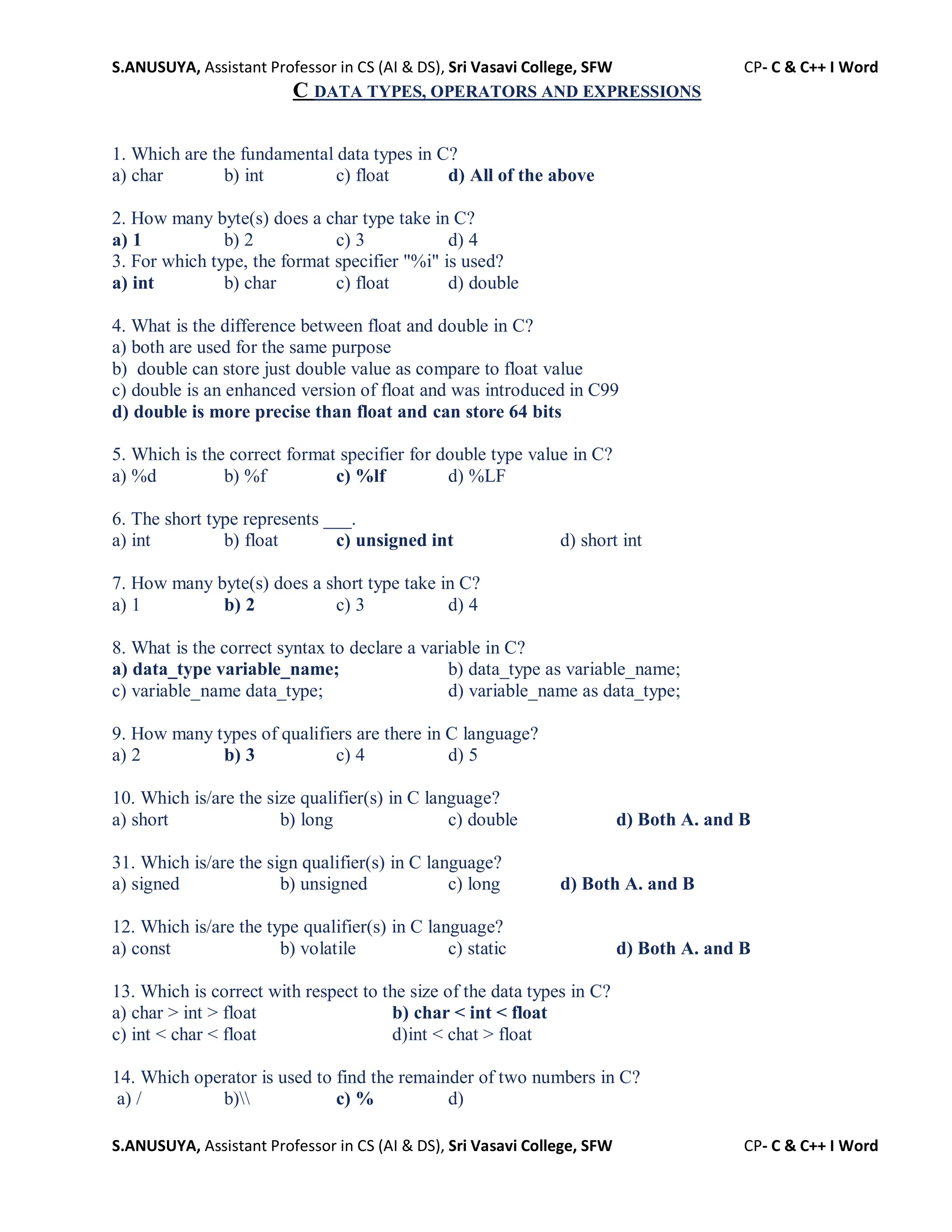 S.ANUSUYA, Assistant Professor in CS (AI & DS), Sri Vasavi College, SFW CP- C & C++ I Word
S.ANUSUYA, Assistant Professor in CS (AI & DS), Sri Vasavi College, SFW CP- C & C++ I Word
C DATA TYPES, OPERATORS AND EXPRESSIONS
1. Which are the fundamental data types in C?
a) char b) int c) float d) All of the above
2. How many byte(s) does a char type take in C?
a) 1 b) 2 c) 3 d) 4
3. For which type, the format specifier "%i" is used?
a) int b) char c) float d) double
4. What is the difference between float and double in C?
a) both are used for the same purpose
b) double can store just double value as compare to float value
c) double is an enhanced version of float and was introduced in C99
d) double is more precise than float and can store 64 bits
5. Which is the correct format specifier for double type value in C?
a) %d b) %f c) %lf d) %LF
6. The short type represents ___.
a) int b) float c) unsigned int d) short int
7. How many byte(s) does a short type take in C?
a) 1 b) 2 c) 3 d) 4
8. What is the correct syntax to declare a variable in C?
a) data_type variable_name; b) data_type as variable_name;
c) variable_name data_type; d) variable_name as data_type;
9. How many types of qualifiers are there in C language?
a) 2 b) 3 c) 4 d) 5
10. Which is/are the size qualifier(s) in C language?
a) short b) long c) double d) Both A. and B
31. Which is/are the sign qualifier(s) in C language?
a) signed b) unsigned c) long d) Both A. and B
12. Which is/are the type qualifier(s) in C language?
a) const b) volatile c) static d) Both A. and B
13. Which is correct with respect to the size of the data types in C?
a) char > int > float b) char < int < float
c) int < char < float d)int < chat > float
14. Which operator is used to find the remainder of two numbers in C?
a) / b) c) % d)
 
