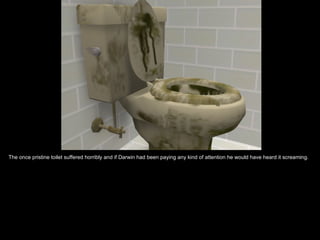 The once pristine toilet suffered horribly and if Darwin had been paying any kind of attention he would have heard it screaming.
 