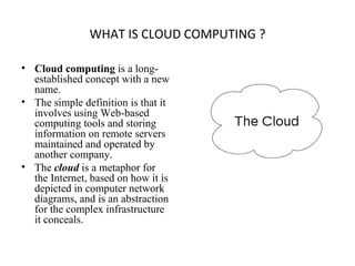 WHAT IS CLOUD COMPUTING ? Cloud computing  is a long-established concept with a new name. The simple definition is that it involves using Web-based computing tools and storing information on remote servers maintained and operated by another company. The  cloud  is a metaphor for the Internet, based on how it is depicted in computer network diagrams, and is an abstraction for the complex infrastructure it conceals . 