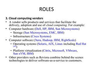 ROLES 3. Cloud computing vendors A vendor sells products and services that facilitate the delivery, adoption and use of  cloud computing . For example: Computer hardware ( Dell ,  HP ,  IBM ,  Sun Microsystems )  Storage ( Sun Microsystems ,  EMC ,  IBM ) Infrastructure ( Cisco Systems ) Computer software ( 3tera ,  Hadoop ,  IBM ,  RightScale )  Operating systems ( Solaris ,  AIX ,  Linux  including  Red Hat [60] ) Platform virtualization ( Citrix ,  Microsoft ,  VMware ,  Sun xVM ,  IBM ) Other providers such as Reviora combine behind the scenes technologies to deliver software-as-a-service to customers . 