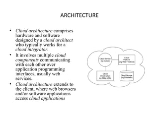 ARCHITECTURE Cloud architecture  comprises hardware and software designed by a  cloud architect  who typically works for a  cloud integrator . It involves multiple  cloud components  communicating with each other over application programming interfaces, usually web services. Cloud architecture  extends to the client, where web browsers and/or software applications access  cloud applications 