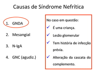 Causas de Síndrome Nefrítica GNDA Mesangial N-IgA GNC (agudiz.) No caso em questão: É uma criança. Lesão glomerular Tem história de infecção prévia. Alteração da cascata do complemento. 