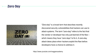 Zero Day
https://www.youtube.com/naggaracademy
"Zero-day" is a broad term that describes recently
discovered security vulnerabilities that hackers can use to
attack systems. The term "zero-day" refers to the fact that
the vendor or developer has only just learned of the flaw –
which means they have “zero days” to fix it. A zero-day
attack takes place when hackers exploit the flaw before
developers have a chance to address it.
 
