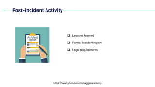 Post-incident Activity
https://www.youtube.com/naggaracademy
 Lessons learned
 Formal Incident report
 Legal requirements
 