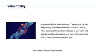 Vulnerability
https://www.youtube.com/naggaracademy
A vulnerability is a weakness in an IT system that can be
exploited by an attacker to deliver a successful attack.
They can occur through flaws, features or user error, and
attackers will look to exploit any of them, often combining
one or more, to achieve their end goal.
 