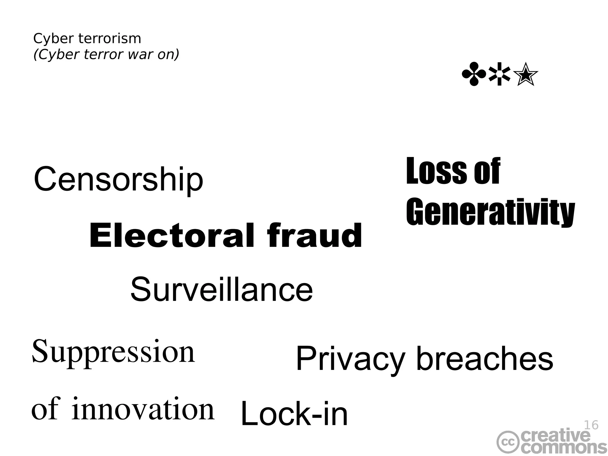Cyber terrorism (Cyber terror war on) Privacy breaches Loss of Generativity Lock-in Surveillance DRM Censorship Suppression of innovation Electoral fraud 