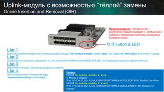 Uplink-модуль с возможностью “тёплой” замены
Online Insertion and Removal (OIR)

Предупреждение: Некорректное
извлечение модуля приведёт к сообщению с
ошибкой, перезапуску системы и загрузке в
ROMMON mode.

OIR button & LED
Шаг 1
Остановка работы модуля при помощи ввода команды ”hw-module module number stop” или нажатием OIR button в течение 5 секунд.

Шаг 2

Ожидание консольного сообщения “%C4K_IOSMODPORTMAN-6-MODULEOFFLINE” или индикации зелёным светом OIR LED.

Шаг 3

Извлечение модуля. Инсталляция другого модуля.

Шаг 4

Запуск модуля при помощи команды
”hw-module module number start”.

Пример:
Switch# hw-module module 2 stop
% Module 2 stopped
*Feb 5 16:34:37.325: %C4K_IOSMODPORTMAN-6-MODULEOFFLINE: Module 2 is offline
Switch# hw-module module 2 start
*Feb 5 16:36:27.352: %C4K_IOSMODPORTMAN-6-MODULEINSERTED: Module 2 is
inserted

 