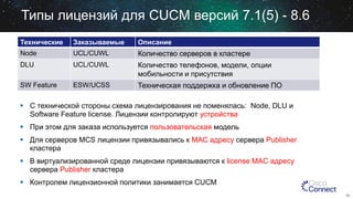 Типы лицензий для CUCM версий 7.1(5) - 8.6
Технические

Заказываемые

Описание

Node

UCL/CUWL

Количество серверов в кластере

DLU

UCL/CUWL

Количество телефонов, модели, опции
мобильности и присутствия

SW Feature

ESW/UCSS

Техническая поддержка и обновление ПО

 С технической стороны схема лицензирования не поменялась: Node, DLU и
Software Feature license. Лицензии контролируют устройства
 При этом для заказа используется пользовательская модель
 Для серверов MCS лицензии привязывались к MAC адресу сервера Publisher
кластера
 В виртуализированной среде лицензии привязываются к license MAC адресу
сервера Publisher кластера
 Контролем лицензионной политики занимается CUCM
26

 
