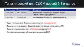 Типы лицензий для CUCM версий 9.1 и далее
Технические

Заказываемые

Описание

UCL/CUWL

UCL/CUWL

Количество телефонов, модели, опции
мобильности и присутствия

UCL/CUWL

ESW/UCSS

Техническая поддержка и обновление ПО

 Один тип лицензий. Лицензии контролируют пользователей
 Лицензии имеют версии. Версия определяет допустимую версию ПО

 Лицензии привязываются к MAC адресу сервера ELM
 Контролем лицензионной политики занимается ELM

27

 