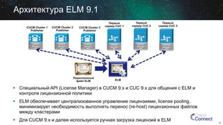 Архитектура ELM 9.1
CUCM Cluster 1
Publisher

License
Manager
API

CUCM Cluster 2
Publisher

License
Manager
API

CUCM Cluster 3
Publisher

License
Manager
API

Лицензионный
файл ELM

Первый
сервер CUC 1

License
Manager
API

Первый
сервер CUC 2

License
Manager
API

Первый
сервер CUC 3

License
Manager
API

ELM

 Специальный API (License Manager) в CUCM 9.x и CUC 9.х для общения с ELM и
контроля лицензионной политики
 ELM обеспечивает централизованное управление лицензиями, license pooling,
минимизирует необходимость выполнять перенос (re-host) лицензионных файлов
между кластерами
 Для CUCM 9.х и далее используется ручная загрузка лицензий в ELM

28

 
