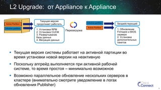 L2 Upgrade: от Appliance к Appliance
Active Partition
InActive partition

Текущая версия
продолжает работать
1. Установка RPM
2. Установка CUCM
3. Развертывание
базы данных
4. Миграция данных

InActive partition

Бездействующий

Active Partition

1. Обновление
Firmware и BIOS
сервера
2. Установка
дополнительных
пакетов

Перезагрузка

 Текущая версия системы работает на активной партиции во
время установки новой версии на неактивную
 Поскольку апгрейд выполняется при активной рабочей
системе, то время простоя – минимально возможное
 Возможно параллельное обновление нескольких серверов в
кластере (внимательно смотрите уведомление в логах
обновления Publisher)
9

 
