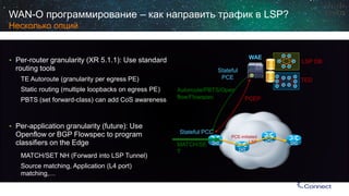 PCEP 
WAE 
TED 
LSP DB 
StatefulPCC 
PCE-initiated LSP 
WAN-O программирование–как направить трафик в LSP? Несколько опций 
StatefulPCE 
Autoroute/PBTS/Openflow/Flowspec 
MATCH/SET 
• 
Per-router granularity (XR 5.1.1): Use standard routing tools 
TE Autoroute(granularity per egress PE) 
Static routing (multiple loopbacks on egress PE) 
PBTS (set forward-class) can add CoSawareness 
• 
Per-application granularity (future): Use Openflowor BGP Flowspecto program classifiers on the Edge 
MATCH/SET NH (Forward into LSP Tunnel) 
Source matching, Application (L4 port) matching,…  