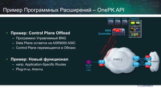 • 
Пример: Control Plane Offload 
– 
Программно УправляемыйBNG 
– 
Data Plane остается наASR9000 ASIC 
– 
Control Plane перемещается вОблако 
• 
Пример: Новый функционал 
– 
напр. Application-Specific Routes 
– 
Plug-in-ы, Агенты 
Пример Программных Расширений–OnePKAPI 
IP/MPLS 
Cloud DC 
DSLAM 
FTTX 
Cable 
BNG 
Controller 
BNG 
RADIUS 
DHCP 
PCRF 
Интернет 
BNG 
BNG 
BNG 
BNG  