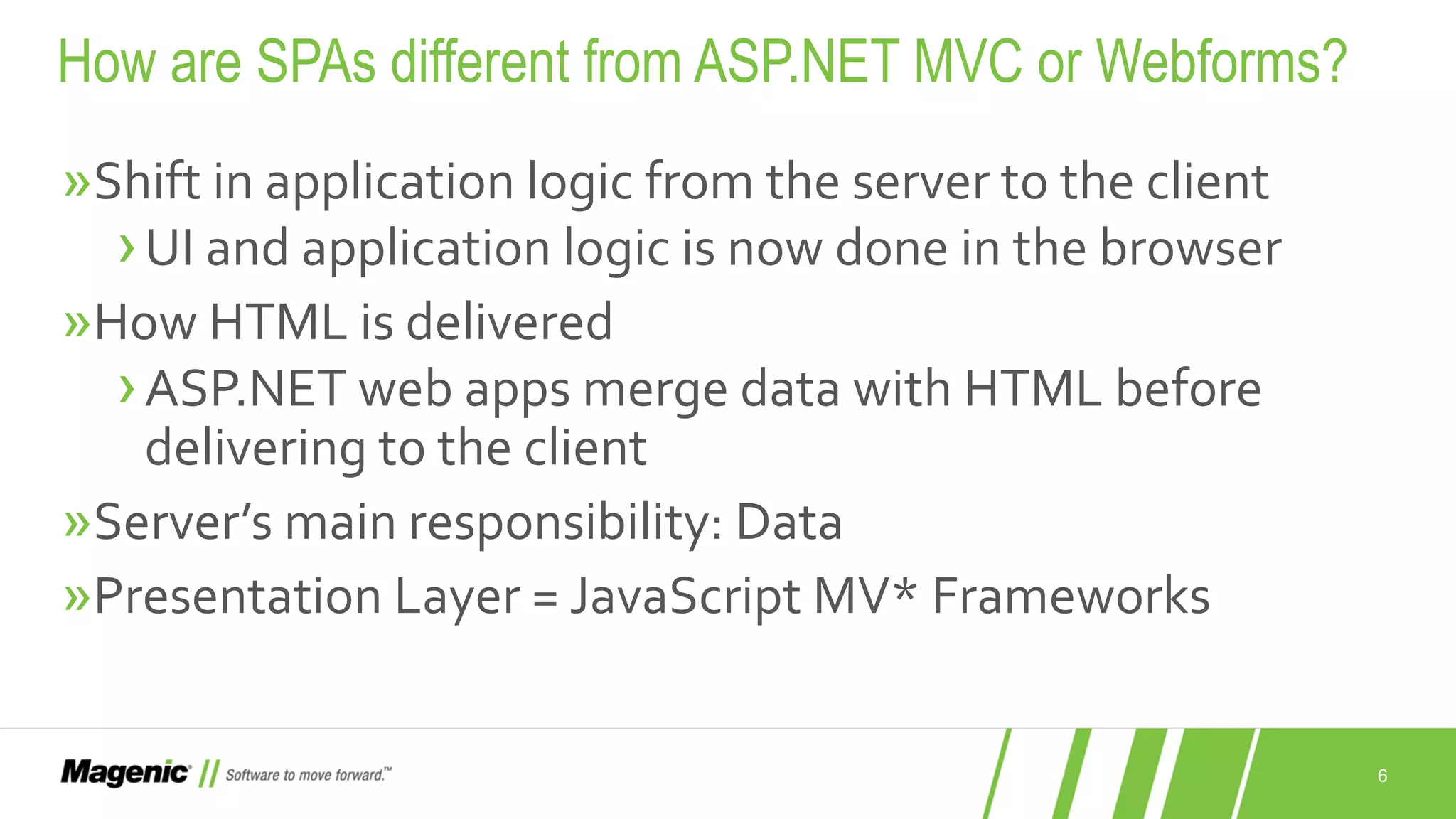 6 »Shift in application logic from the server to the client ›UI and application logic is now done in the browser »How HTML is delivered ›ASP.NET web apps merge data with HTML before delivering to the client »Server’s main responsibility: Data »Presentation Layer = JavaScript MV* Frameworks How are SPAs different from ASP.NET MVC or Webforms? 