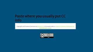 Paste where you usually put CC
info
Copyright and Creative Commons by Glenda Cox is licensed under a Creative Commons Attribution 4.0
International License.
 