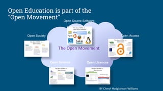 Open Education is part of the
“Open Movement”
The Open Movement
Open Source Software
Open Access
Open Licences
Open Science
Open Society
BY Cheryl Hodgkinson-Williams
 