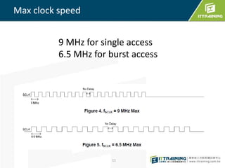Max clock speed


          9 MHz for single access
          6.5 MHz for burst access




                      11
 