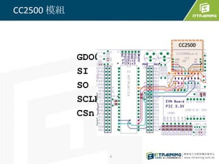 CC2500 模組


                             CC2500

            GDO0   ↔   RB1
            SI     ↔   RC5
            SO     ↔   RC4
            SCLK   ↔   RC3
            CSn    ↔   RC2



                   6
 