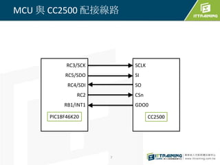 MCU 與 CC2500 配接線路




           RC3/SCK       SCLK
          RC5/SDO        SI
           RC4/SDI       SO
               RC2       CSn
          RB1/INT1       GDO0

     PIC18F46K20                CC2500




                     7
 