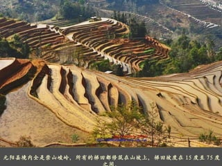 元阳县境内全是崇山峻岭，所有的梯田都修筑在山坡上，梯田坡度在 15 度至 75 度之间。 