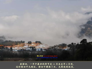 看梯田，一年中最好的季节是 11 月至次年 4 月间， 这时候田中无稻谷，梯田中灌满了水，光影效果极佳， 