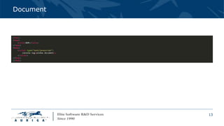 13
Document
<html>
<head>
<title>BOM</title>
</head>
<body>
<script type="text/javascript">
console.log(window.document);
</script>
</body>
</html>
 