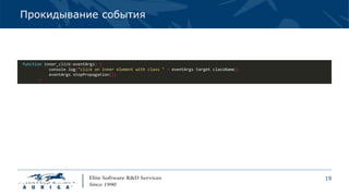 19
Прокидывание события
function inner_click(eventArgs) {
console.log("click on inner element with class " + eventArgs.target.className);
eventArgs.stopPropagation();
}
 