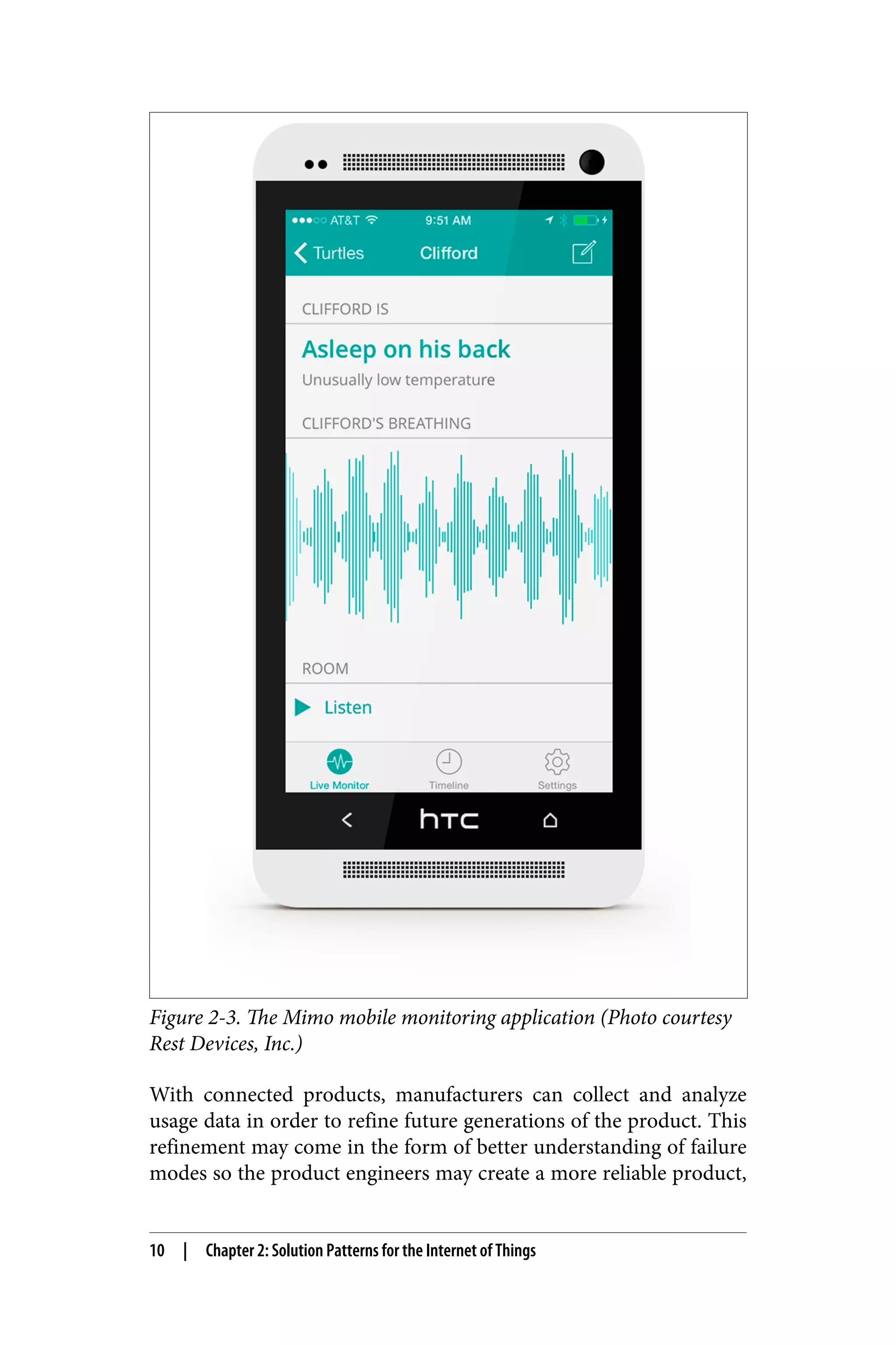 Figure 2-3. The Mimo mobile monitoring application (Photo courtesy
Rest Devices, Inc.)
With connected products, manufacturers can collect and analyze
usage data in order to refine future generations of the product. This
refinement may come in the form of better understanding of failure
modes so the product engineers may create a more reliable product,
10 | Chapter 2: Solution Patterns for the Internet of Things
 